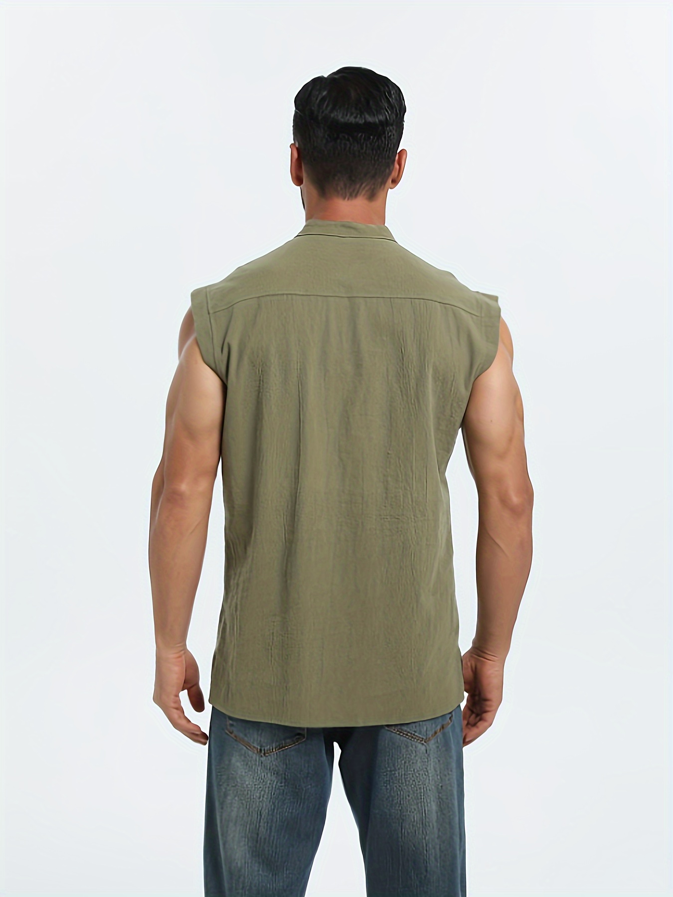 Men's Plus Size Sleeveless Traditional Chinese Guizhou Shirt - Stand Collar Loose Fit with Drawstring & Button Front Closure, Olive Green Casual Retro Top for Spring Summer Fall, Machine Washable, PLUS SIZE