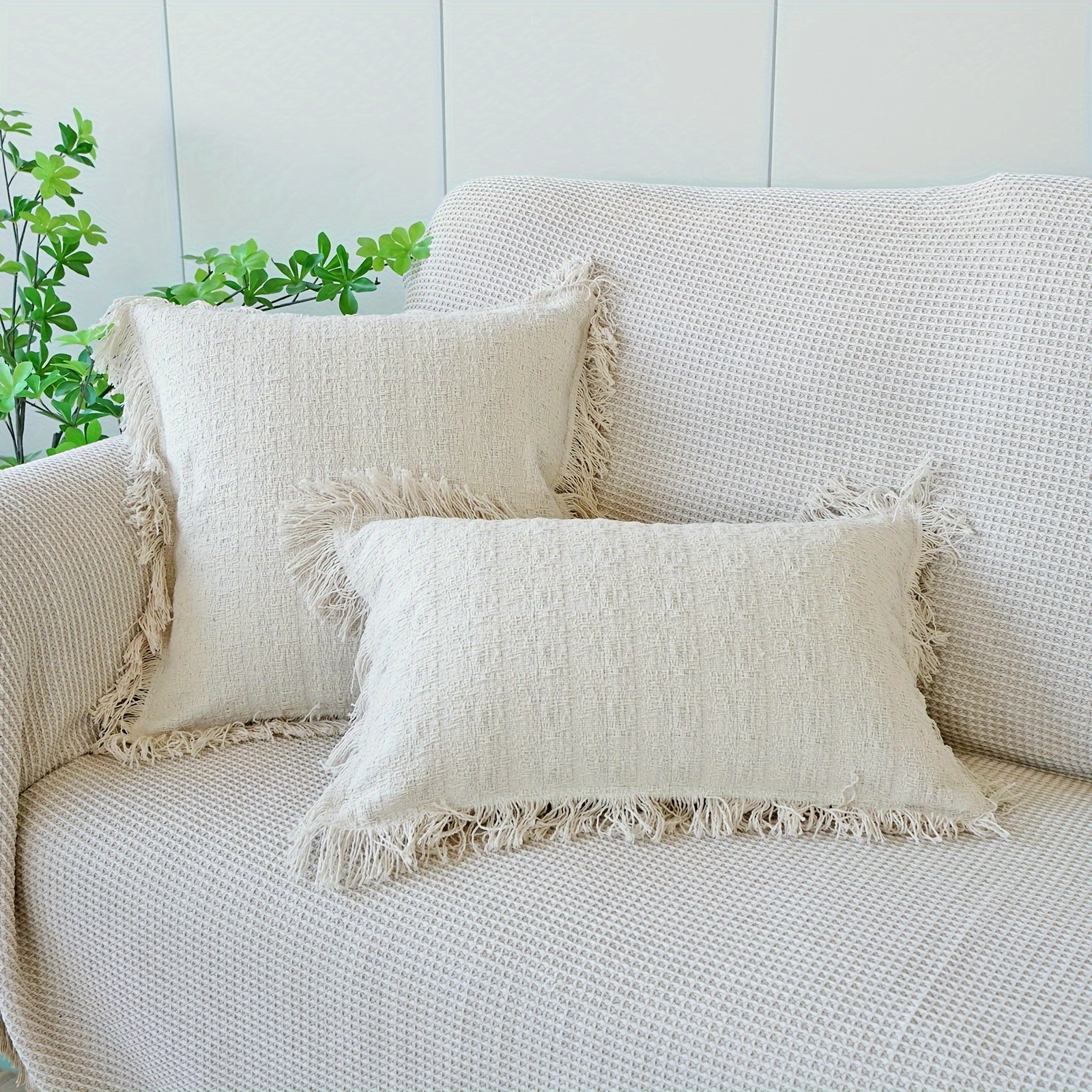 

1pc, Woven Textured Tassel Throw Pillow Cover, Solid Color Sofa Throw Pillow Sofa Bedside Cushion Minimalist Style Braided Pillow Cushion