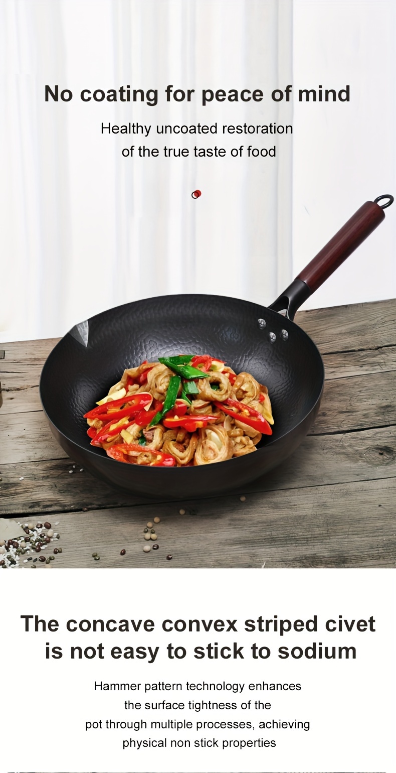 traditional   iron wok   pan with wooden lid 32cm 12 6in non coated non stick hand wash   iron handle compatible with   non induction cooktops details 1