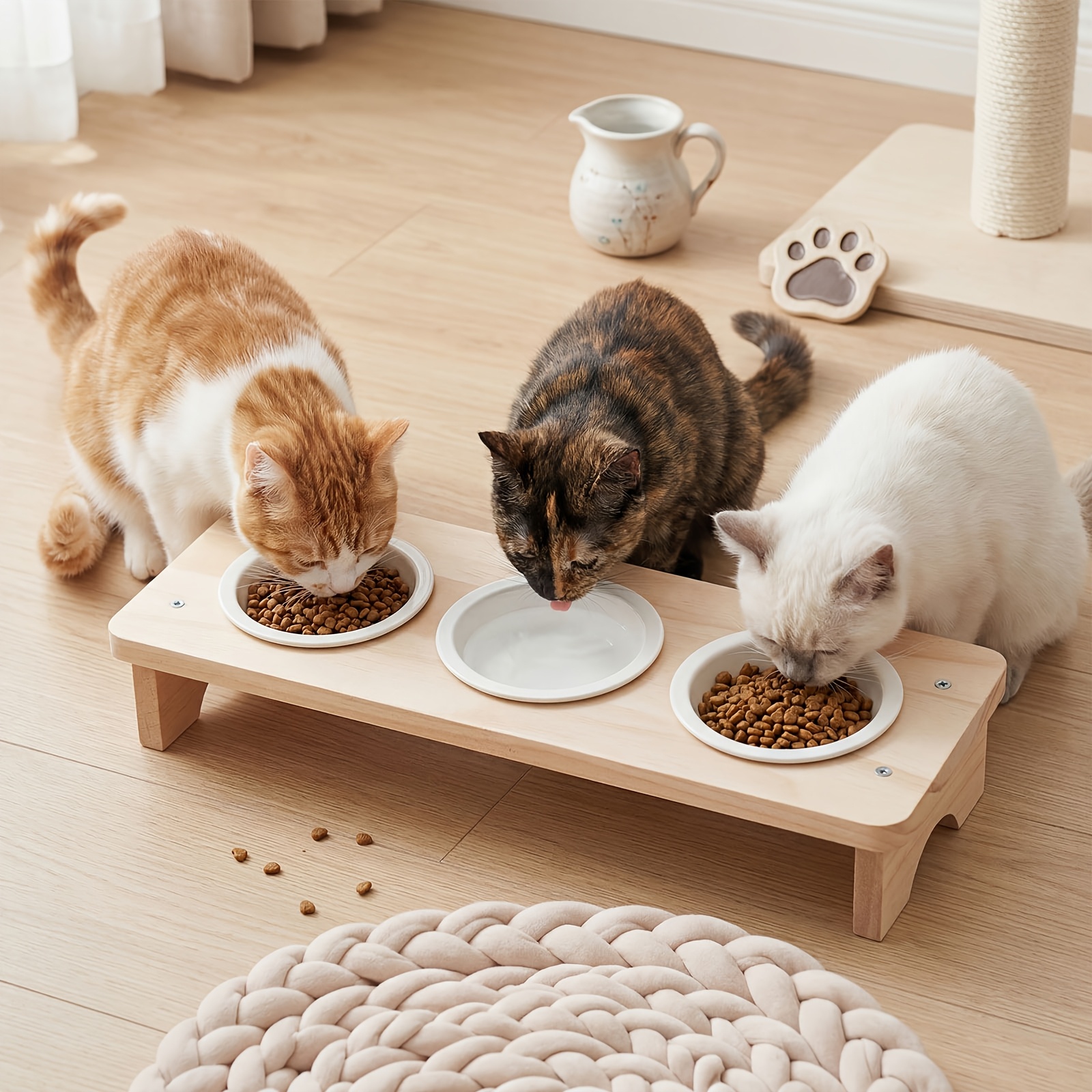 Image of Ceramic Cat Bowl, Set Of 3, 15° Tilted Design, Raised Neck Support, Easy To Clean, Dry And Wet , Stable And Non-slip, Large Capacity, Suitable For Multiple Cats, Pet Feeding Tableware