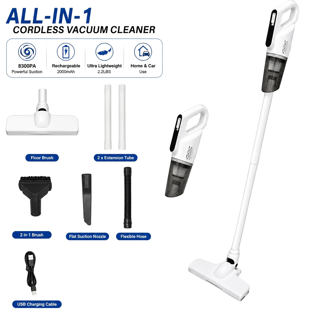 TEMU Aspirateur balai fil et la voiture, avec une puissante aspiration de 8300Pa, un dépoussiérage à et des accessoires polyvalents ; léger et