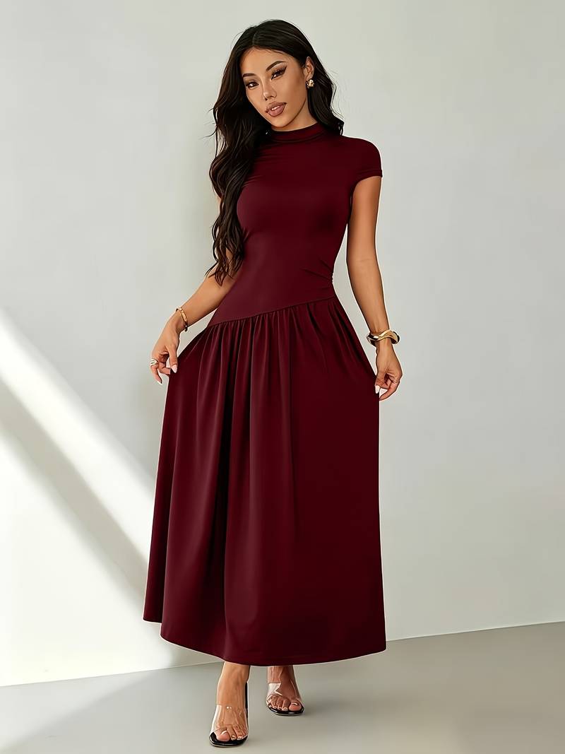 Women's Solid Color Stand Collar Puff Sleeve Pleated Long Casual Dress, Summer Dress