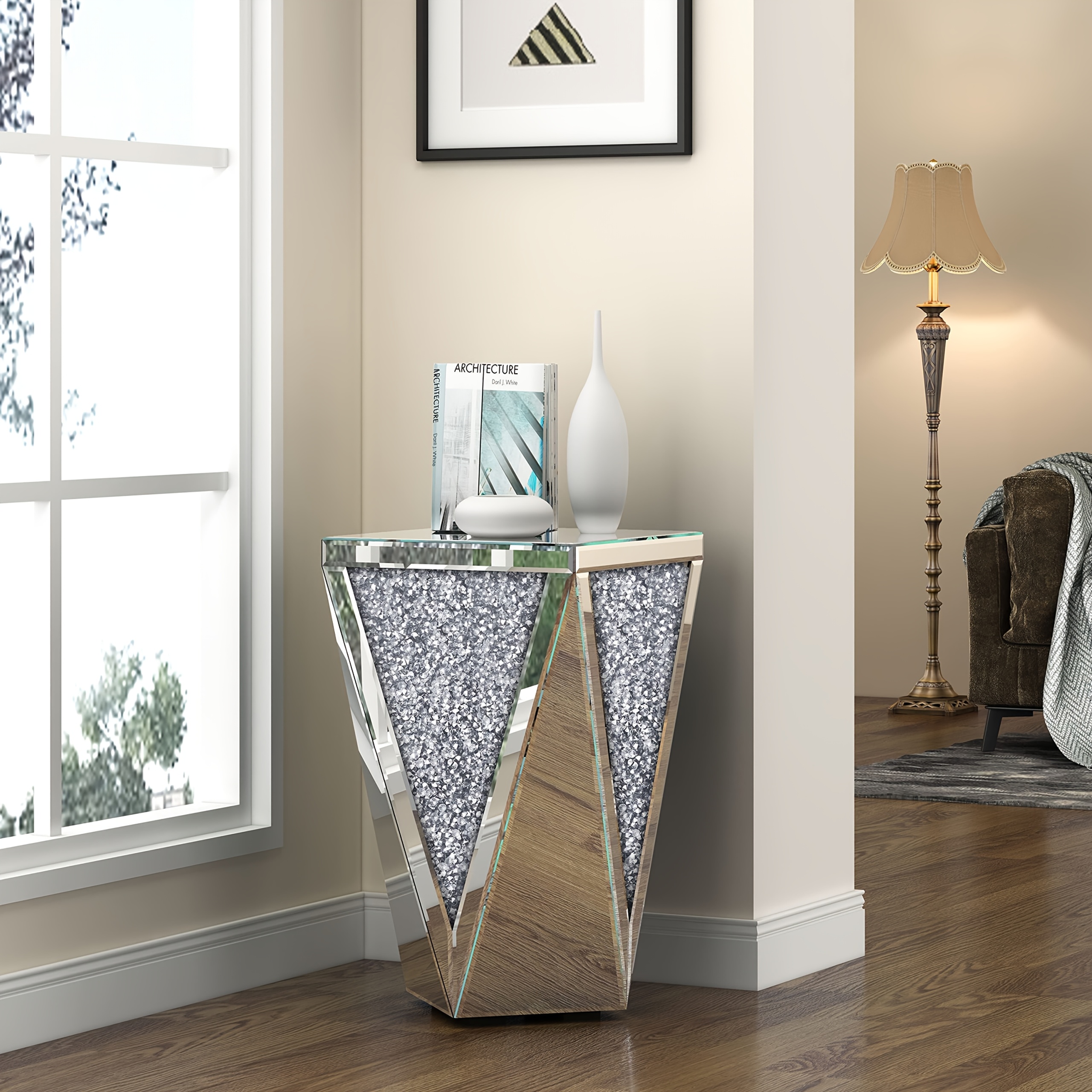Silvery Mirrored Side Table, Crystal Inlaid Side Table Decorative Table, Small Mirrored Coffee Table Suitable For Living Room, Bedroom, Corner, 22 Inches High