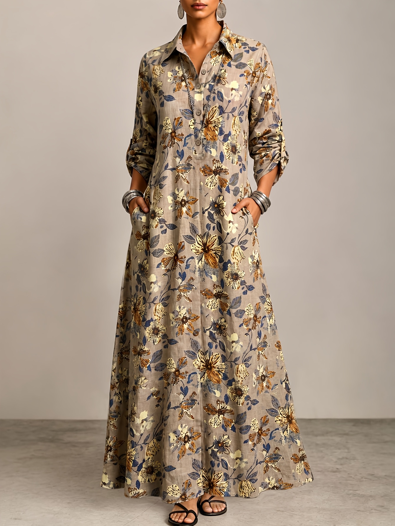 temu boho dress Plus Size Women'S Shirt Dress, Button-Cuff Long Sleeve Vintage Floral Print Lapel Semi-Open Loose Side Slit Long Dress, Casual Daily Wear Jordan national football team