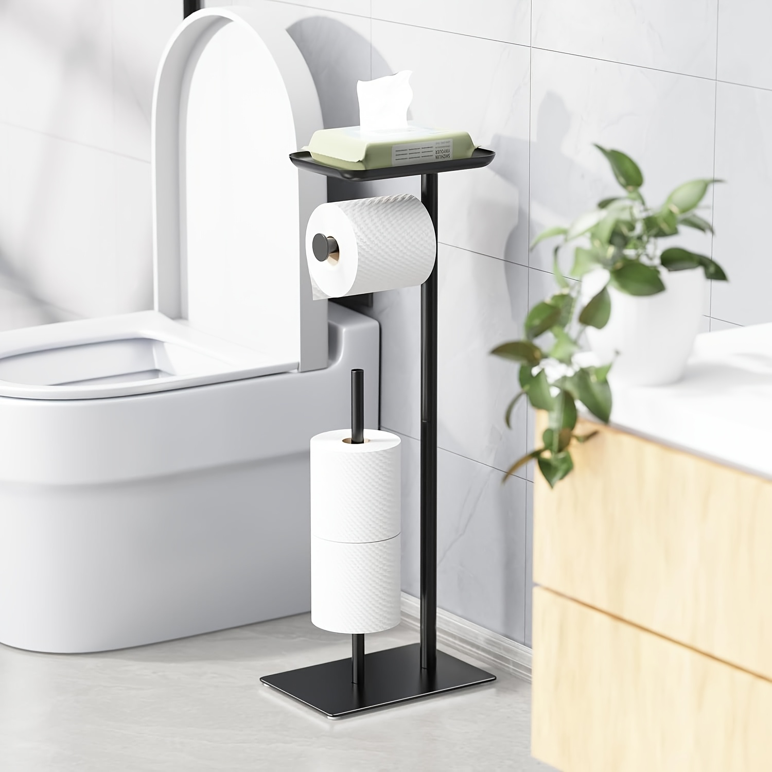 Toilet Paper Holder Stand With Shelf, Free Standing Toilet Tissue Roll Storage Rack For Bathroom, Black