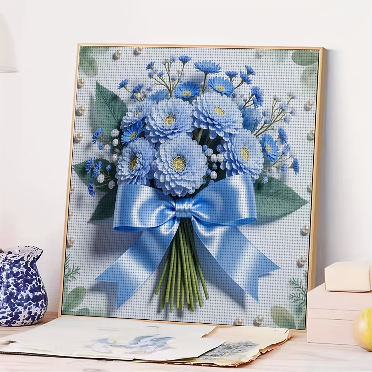 DIY Printed Cross Stitch Kit, Blue Flower Bouquet Pattern for Beginners
