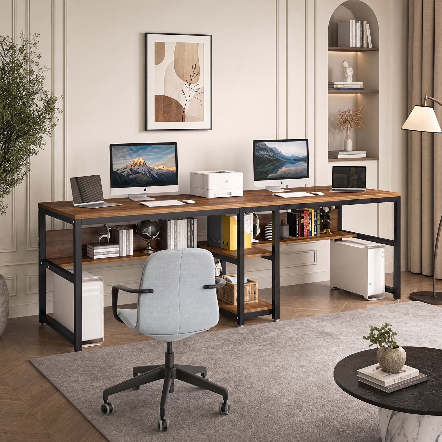 78.7-inch Office Double Person Computer Desk, Double Person Office Desk With Bookshelf, Used For Home Offices, Study Desks With Bookshelf, (brown)