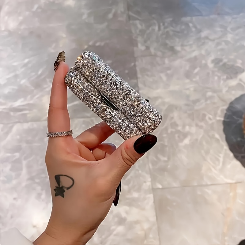 TEMU 1pc Luxury -encrusted Lipstick Case - Sparkling Design With Mirror, Portable High Quality Metal Cosmetic Storage Box For Lipsticks And Compact