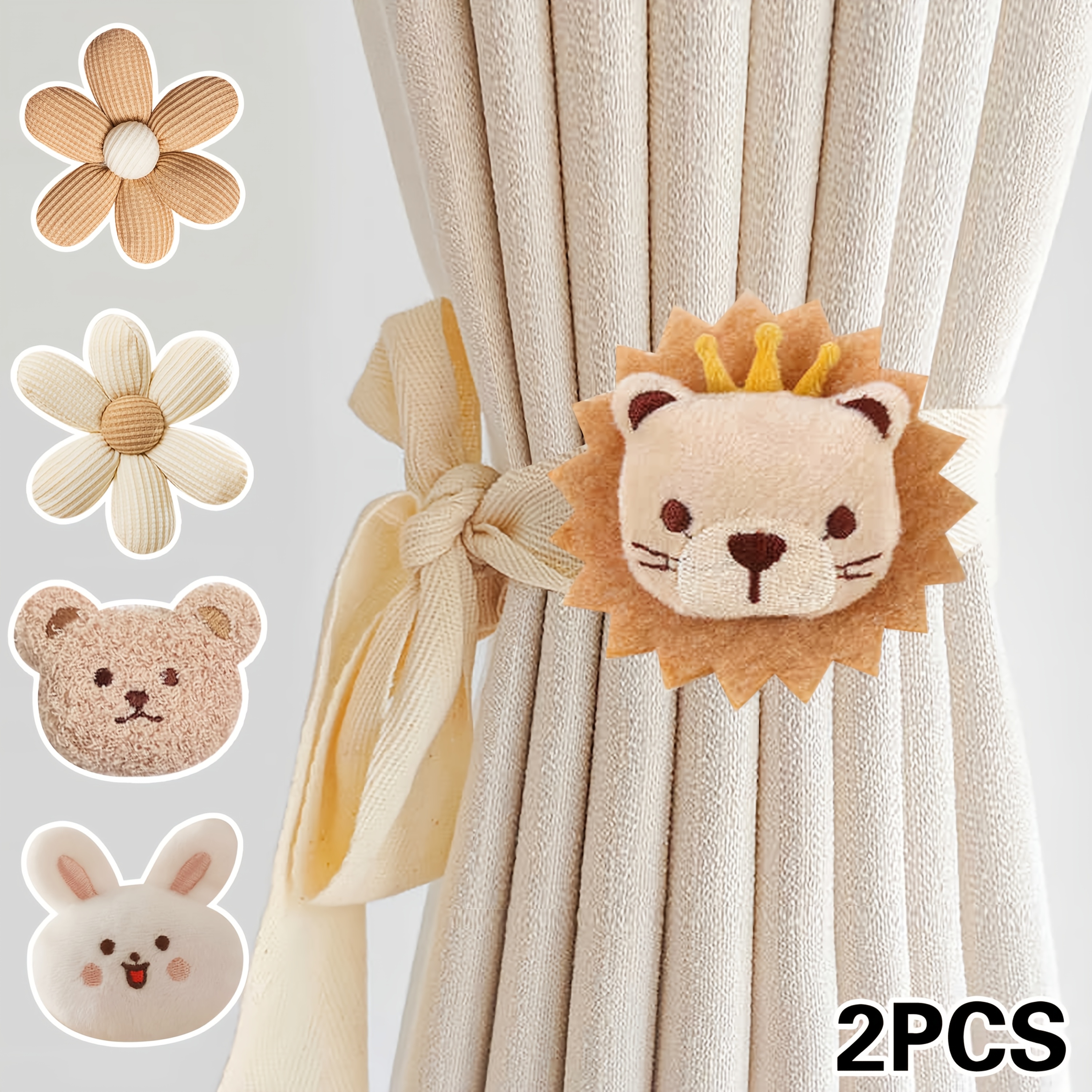 

2-pack Cartoon Animal Lion Plush Curtain Tiebacks, Contemporary 3d Polyester Flower And Fun Animal Design Holdbacks For Bedroom, Living Room, Office Decor