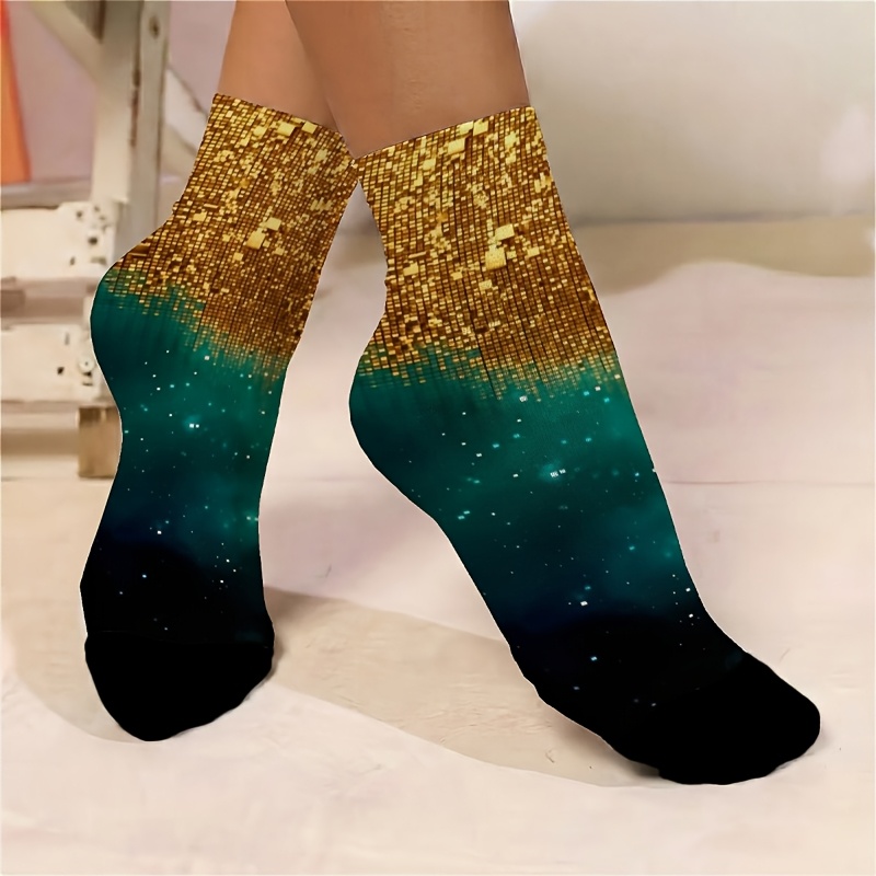 E-shop 1 Paar dünne, kurze Damensocken mit goldenfarbenem und blaugrünem Farbverlauf, Sternenhimmel-Muster, funkelndes und charmantes Muster, neues,