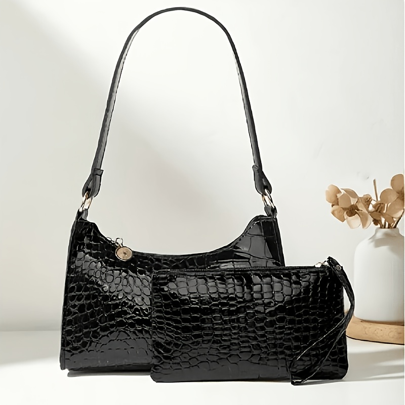 TEMU 2pcs Crocodile Pattern Shoulder Bag Set, Luxury Hobo Bag And Wristlet Clutch, 2-in-1 Set With Spacious Main Compartment, Stylish Purse Set For