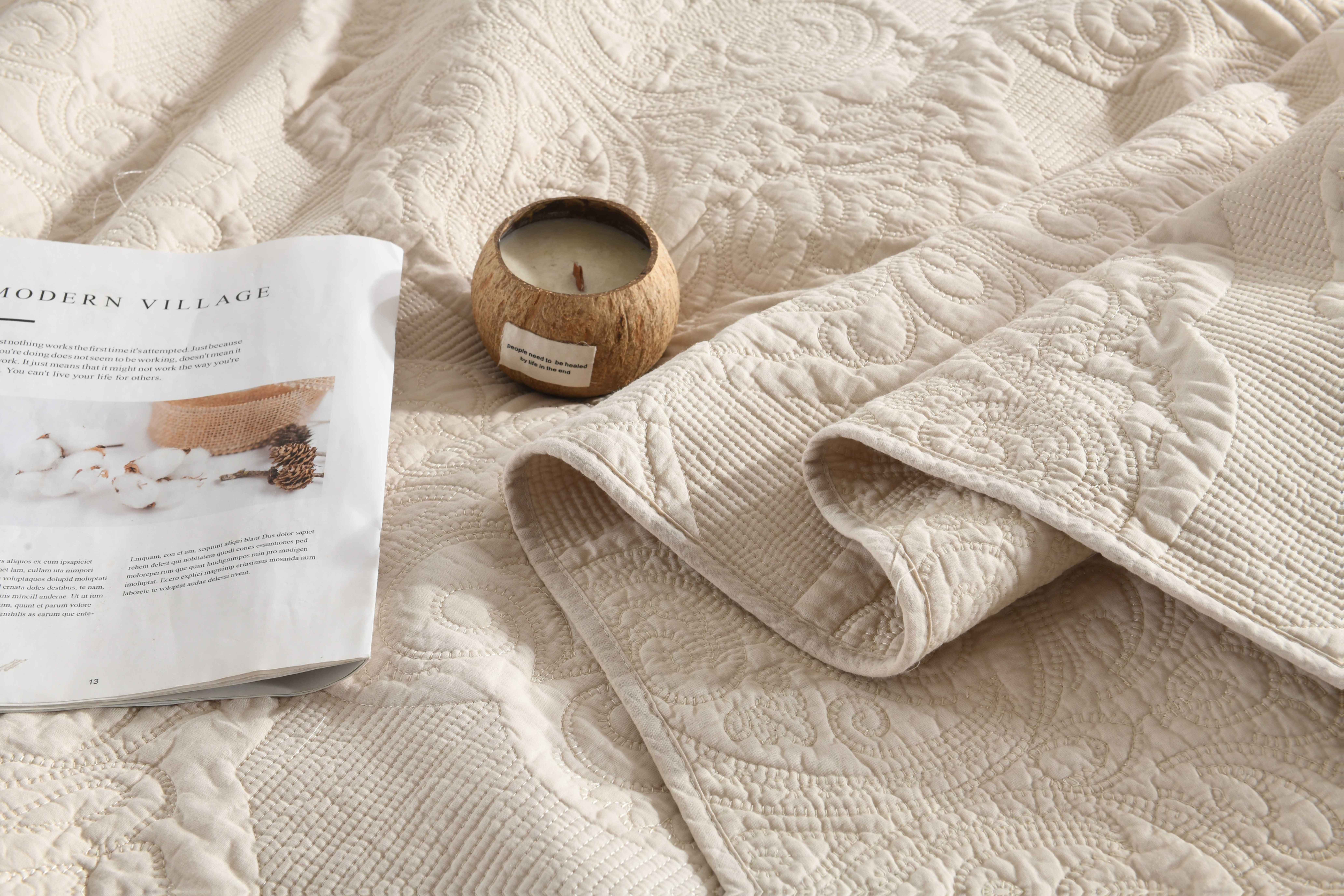 3pcss (1 Bedspread + Two Pillowcases) Pulis - Beige American Bedspread 3pcs Set 3D Quilted Relief Three-Dimensional Craft Double-Sided High-End Comforter 100% Cotton Quilted Bedding Double Bed Bedding Decoration Double-Sided Pure Cotton Printed Blan