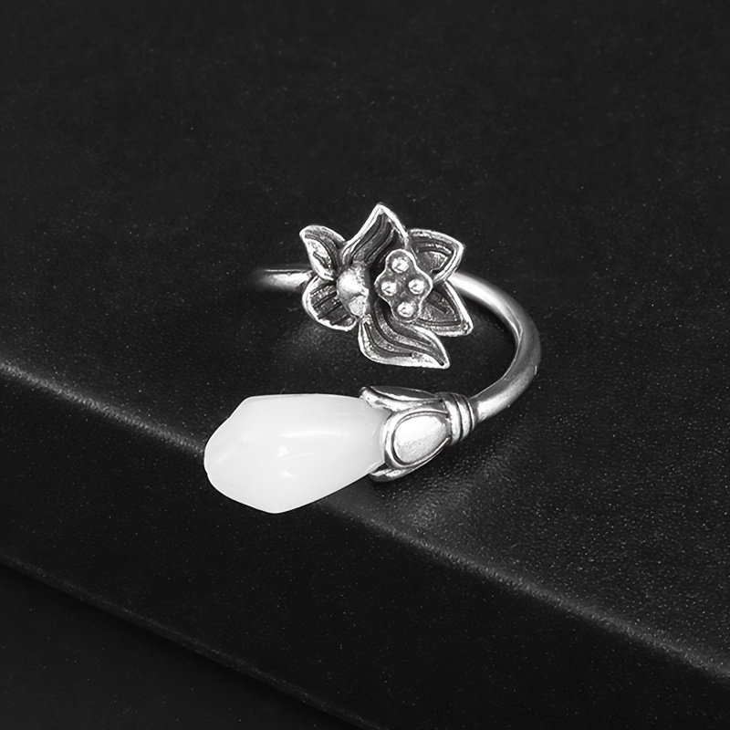 Vintage Lotus Open Ring, Artistic Floral Design for Women