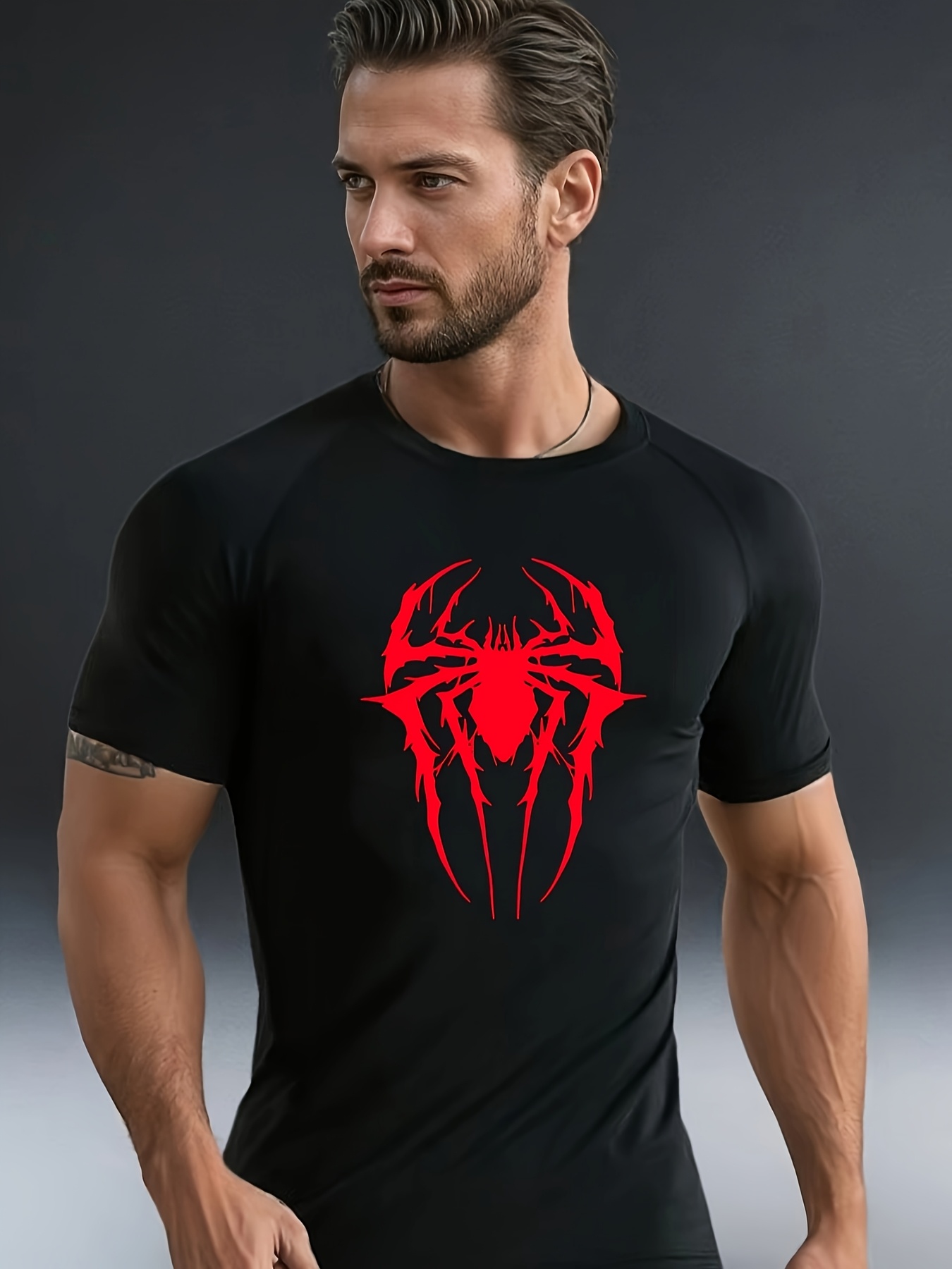 Men'S Spider Design Compression T-Shirt - Slim Fit, Short Sleeve, Black with White Spider Graphic, High Stretch Fabric, Machine Washable, Ideal for Gym, Running & Sports | Crew Neck Tee, Gym T Shirts