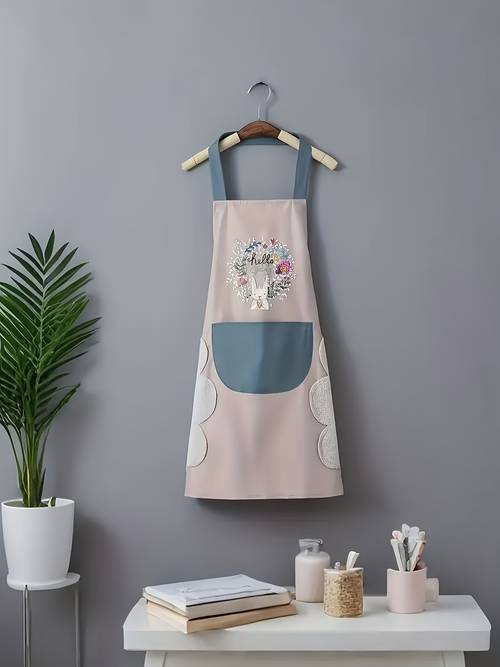 cute cartoon flower wreath rabbit apron pvc material apron coffee shop and restaurant workwear practical household apron with hand wiping design on wear resistant and easy to clean apron practical apron for ladies couple apron