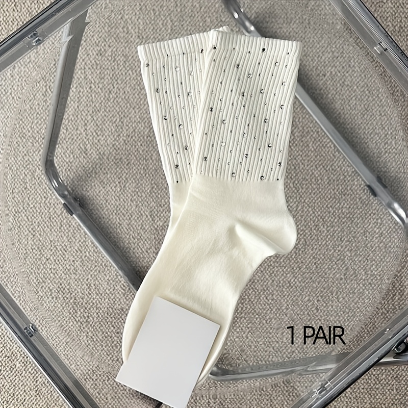 E-shop 1/2-Paar-Set einfarbige Socken mit Strasssteinen, bequeme wadenhohe Damensocken