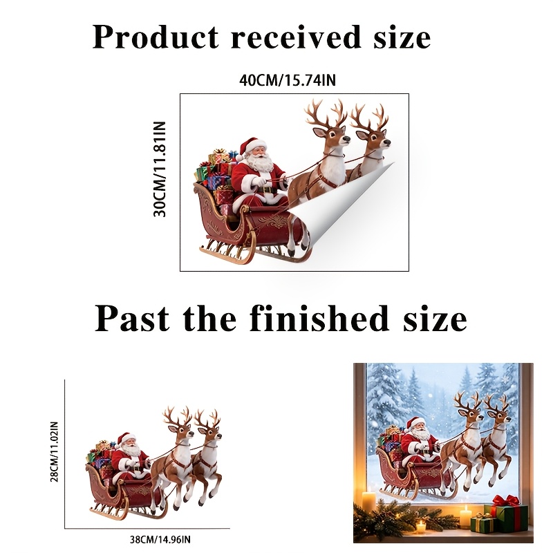 TEMU 2D Flat - 2D Flat Statik-Fensterfolien mit Weihnachtsmann, Rentier, Schlitten, Geschenkboxen und Winter-Schneelandschaft, klebepflichtige