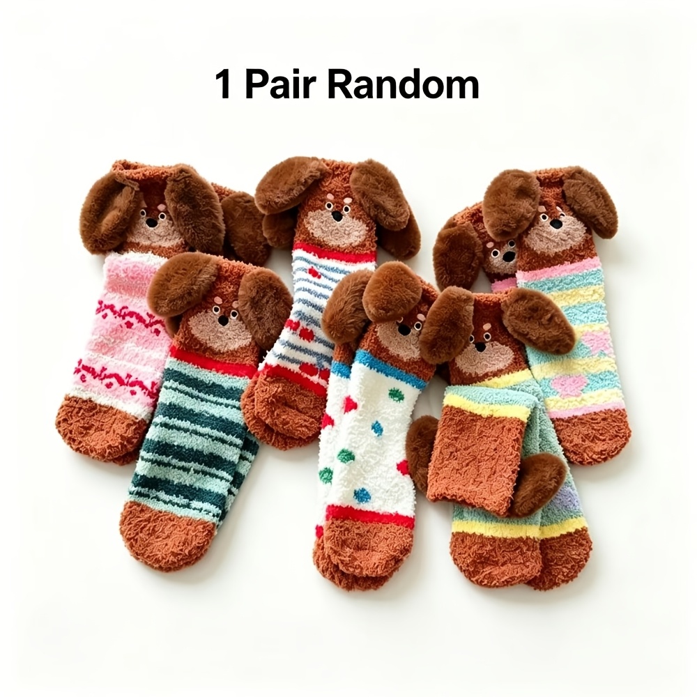 TEMU 1 Pair Random Color Coral Fleece Women's Sausage Dog Thick Fuzzy Floor Socks, Fleece-lined Sleeping Socks