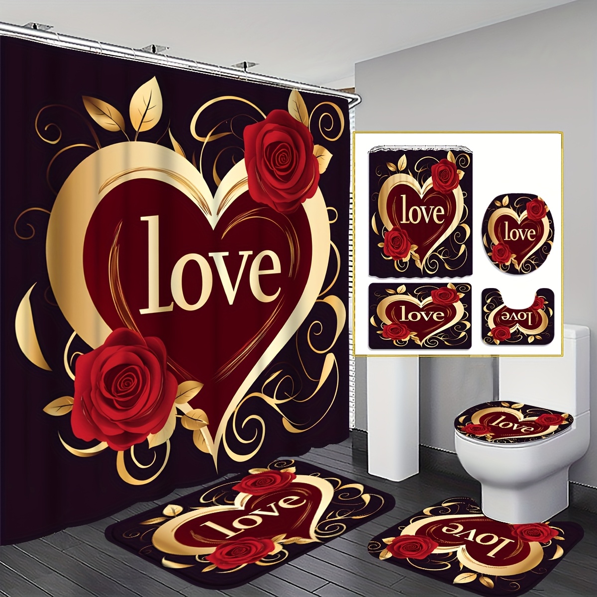 TEMU 4pcs 2d Flat Shower Curtain Set, Red Heart With Roses Bathroom Decor, Accessories With Bath Mat, U-shaped Mat, Toilet Lid Cover, 12 Hooks 180x180cm Curtain, , Home Decor, Bathroom Accessories.