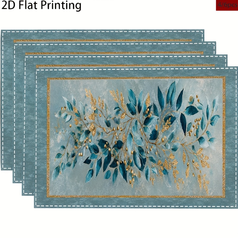TEMU Ensemble de 4/6 nappes de table à feuilles d'eucalyptus bleues et dorées, ornées de élégants et d'ornements métalliques, luxe discret, convient