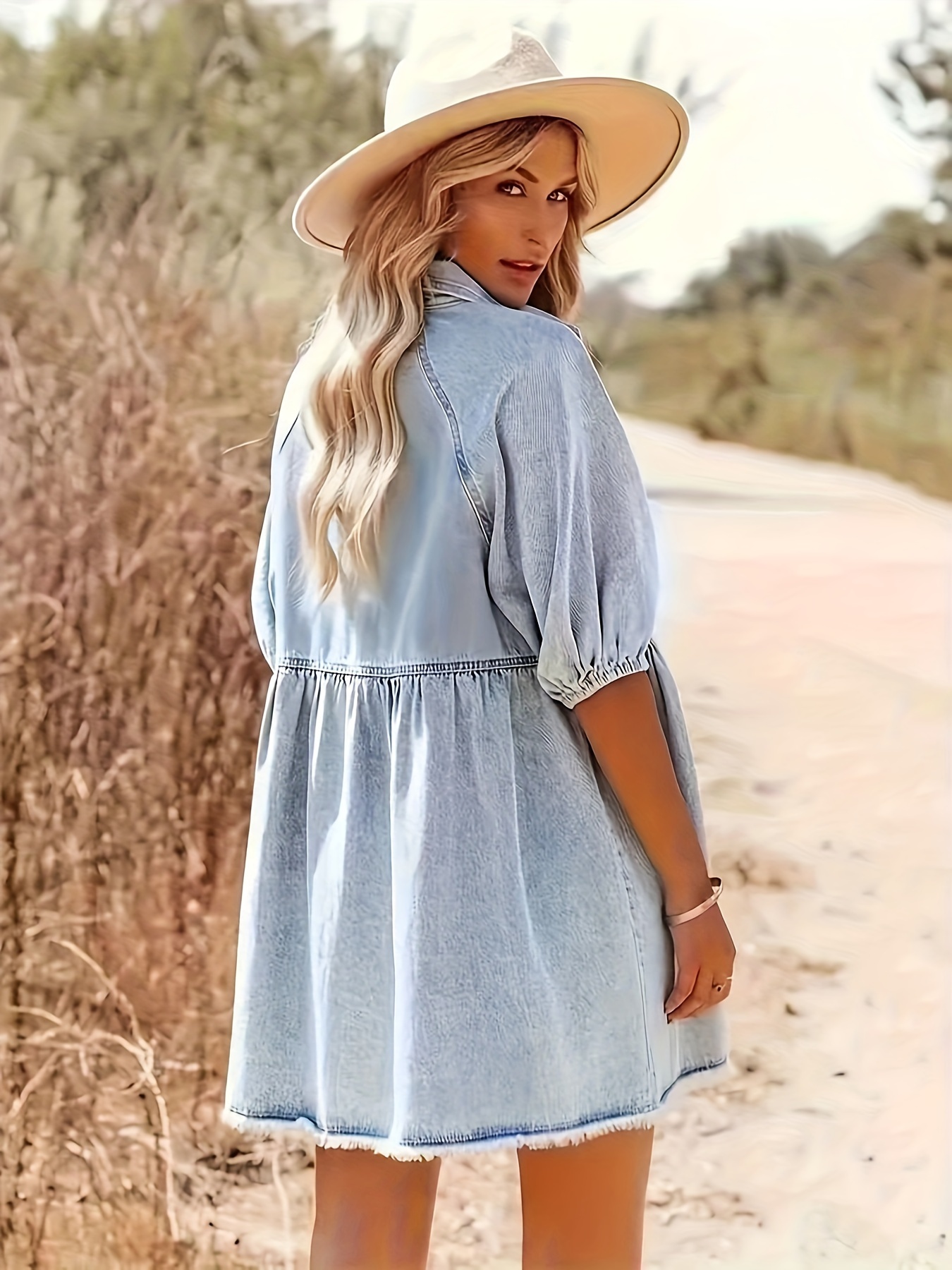 Women'* Blue Denim Dress with Puff Sleeves Hem Casual Loose Fit Short  Sleeve Dress for Spring Summer Fall Parties, Dates, T