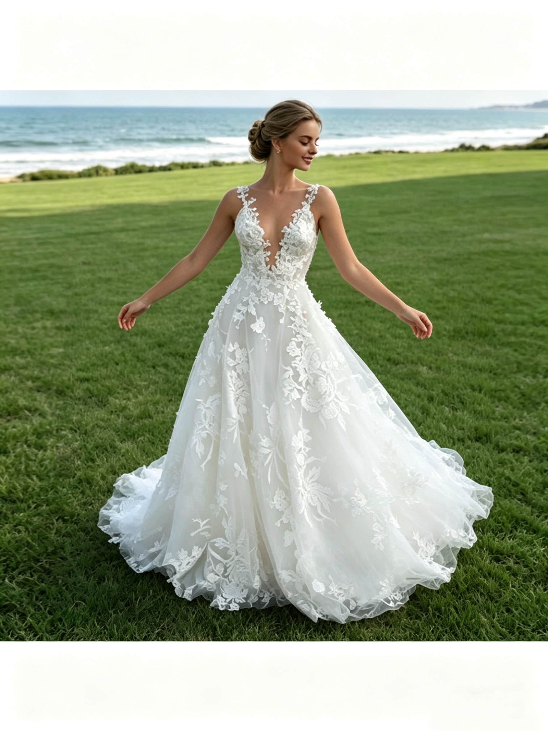 knee length dresses for ladies Long Floral Embroidery Sheer Back Mesh Bridal Gown main image 0