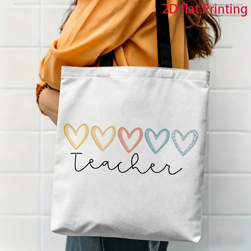 TEMU 1pc 2d Printed Heart "teacher" Text Pattern Shoulder Bag, Fresh And Stylish Daily Tote Bag, Multifunctional Lightweight Large-capacity Women's