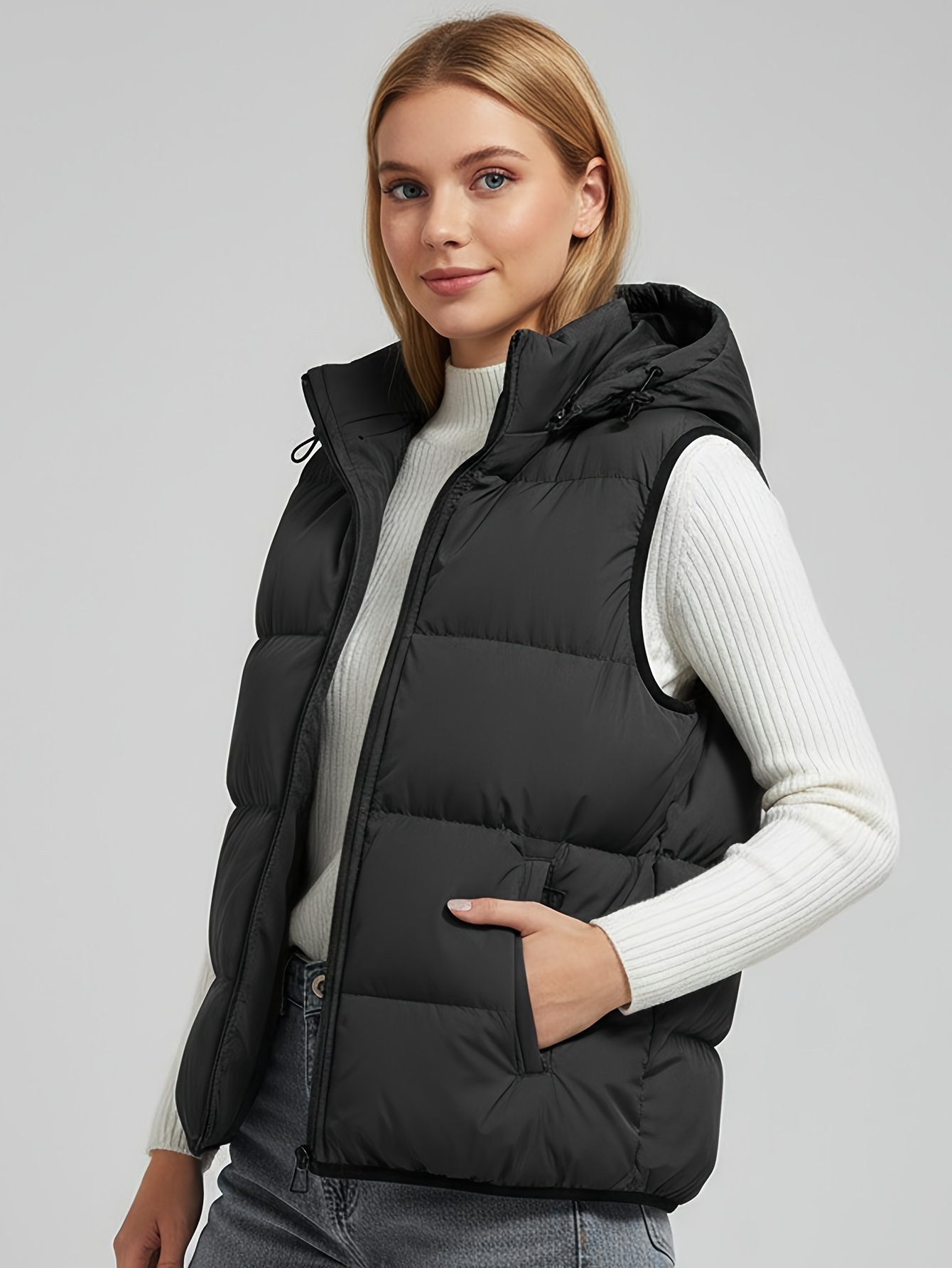 item picture womens autumn winter solid color vest loose fit casual stand collar detachable hooded cardigan womens outerwear vest