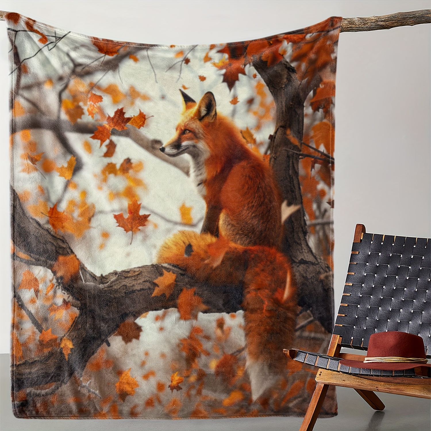 

Cozy Fox & Maple Tree Print Flannel Blanket - Soft, Warm Throw For Couch, Bed, Car, Office, Camping - Versatile All-season Gift