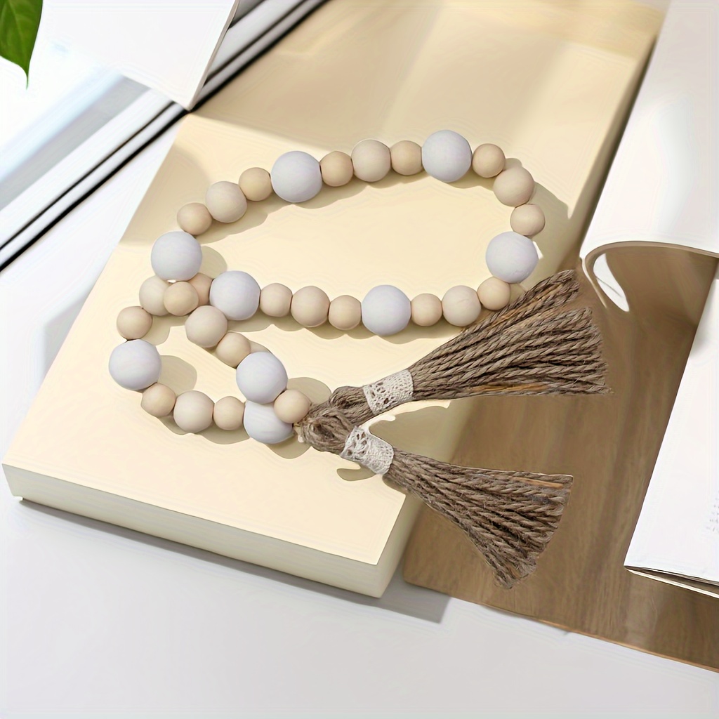 TEMU 1pc Wooden Bead Wreath, Winter Beads, Farmhouse Beads, Neutral Wreath, Tiered Tray Beads, Bohemian Beads, Decorative Beads, White Wooden Beads,