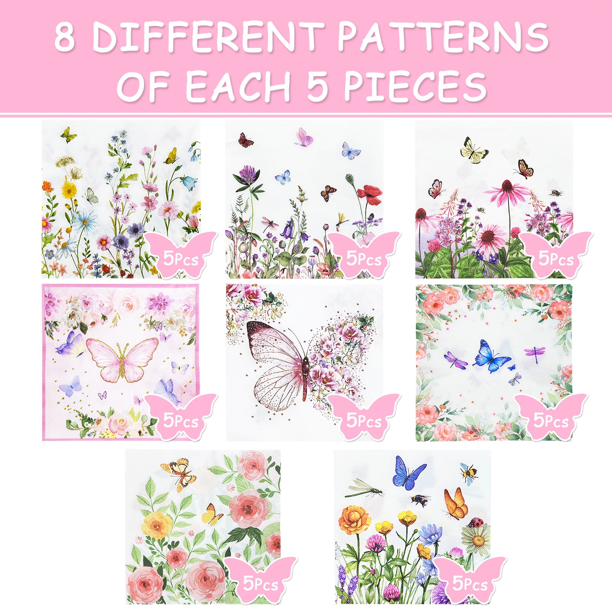TEMU 40pcs (8 Designs) Of Collage Napkins, Featuring Various And Flower Decorations. Suitable For Diy Crafts, Birthday Parties, And Each Napkin Is 13