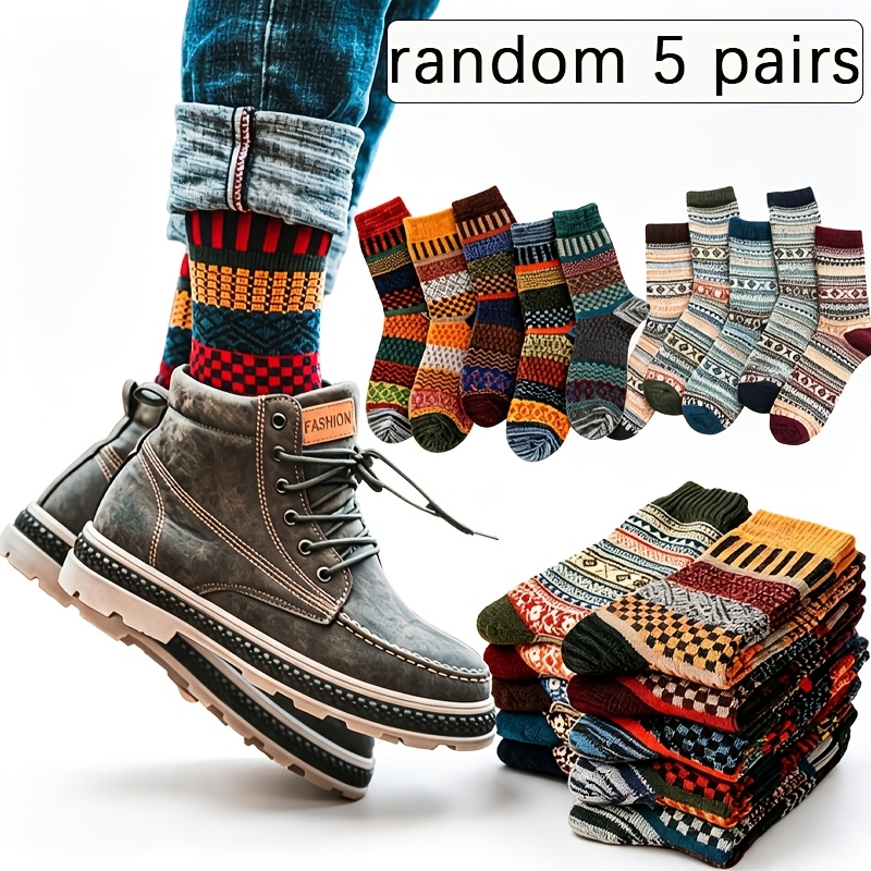 TEMU Assortiment Aléatoire de 5 Paires de Chaussettes Style Ethnique Vintage Jacquard, Chaussettes Thermiques Épaisses en Gros-Grain pour