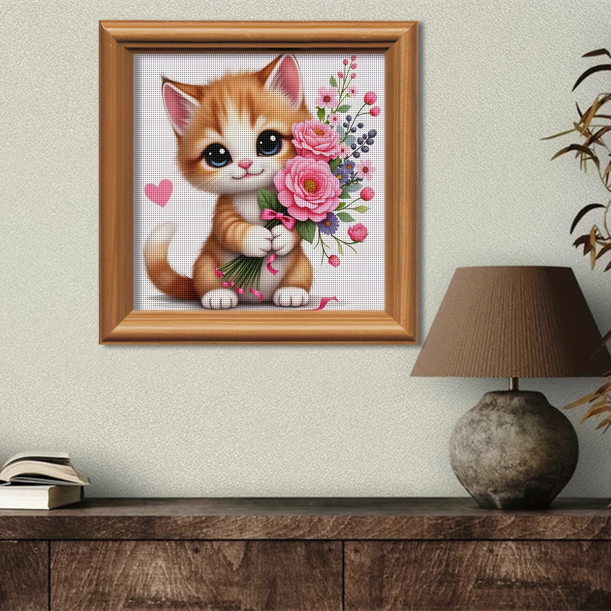 TEMU 1 Set Komplettes DIY Katzen-Themen Kreuzstich-Malerei-Set mit 11CT Stoffrahmen & bunten Fäden - Niedliche Kätzchen-Stickerei für Handarbeiten,