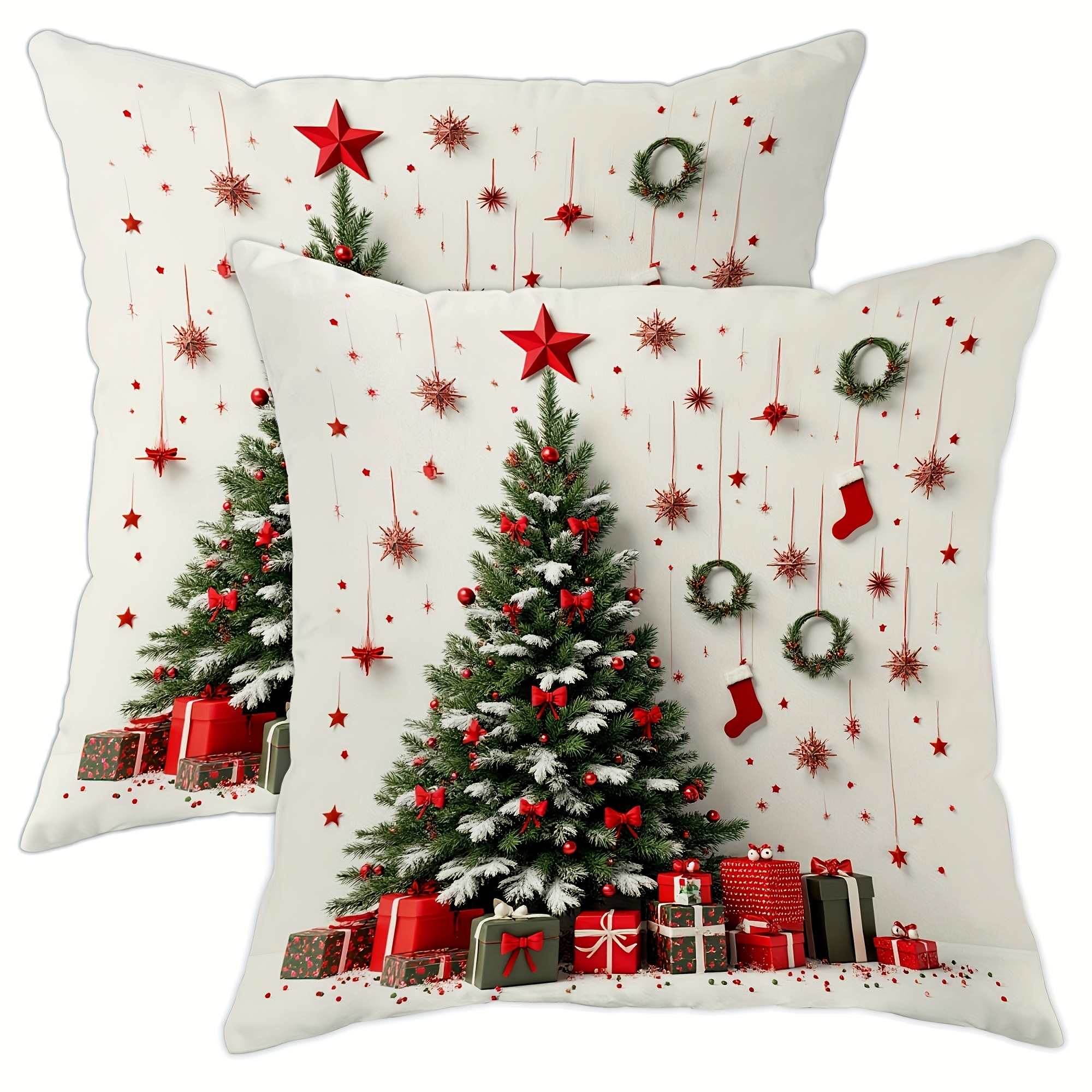 TEMU 2pcs Christmas Throw Pillow Covers, Double Sided 2d Flat Print Cushion Cases, Tree Gift Star Wreath Stocking Pattern, Red Green White Square