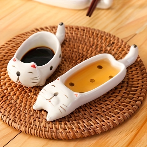 2pcs set cat ceramic   ceramic cute cat multifunctional seasoning plate chopstick holder snack dipping plate13 5 4 5cm 5 31 1 77in versatile   tableware suitable for appetizers desserts sushi sauce small plates Product details 2