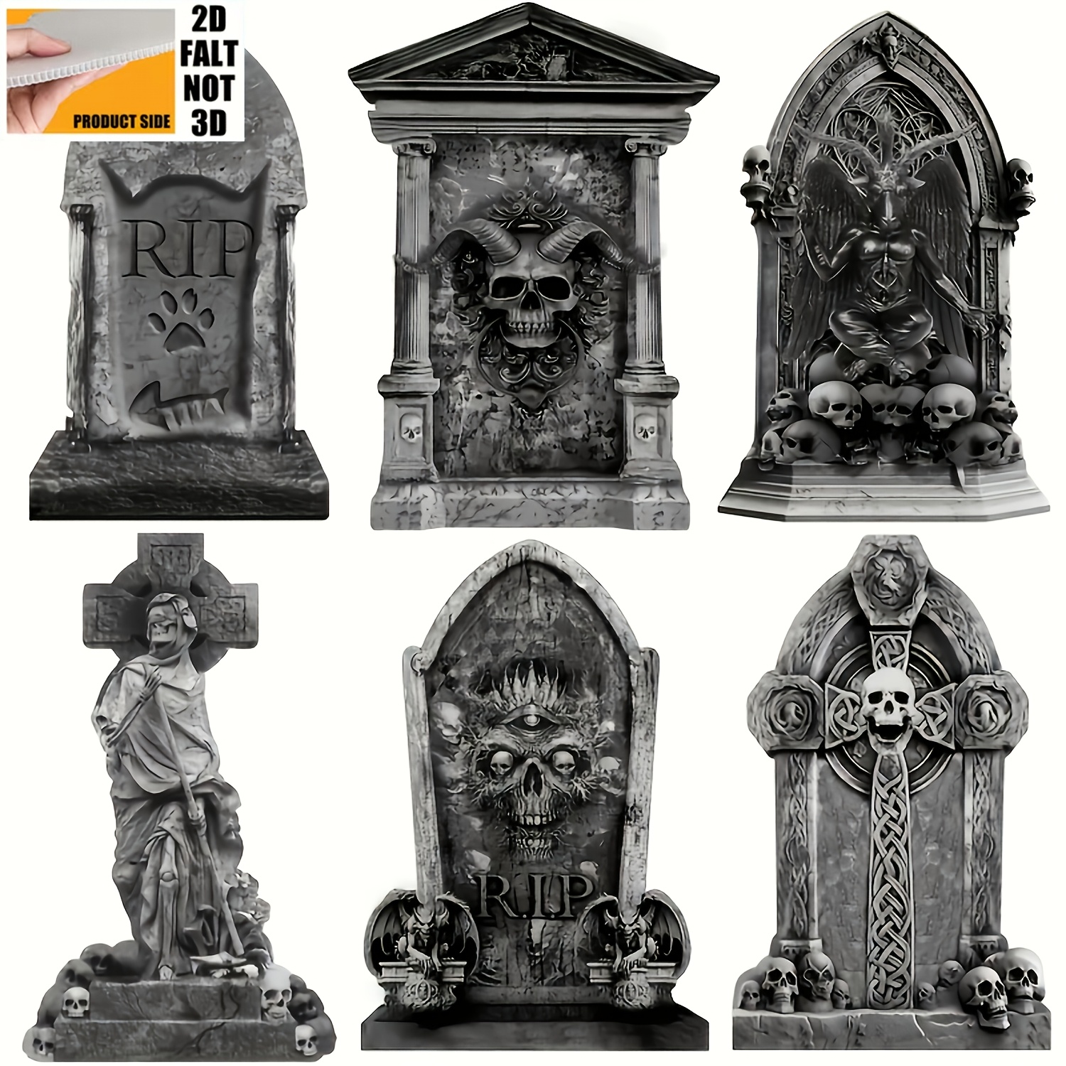 Image of 2d Flat, 6pcs Halloween Graveyard Tombstones With Scary , Halloween Tombstones And Outdoor Decorations For Graves Decorations With 12 Stakes For Cemetery Yard Lawn Party Decor, 2d Flat