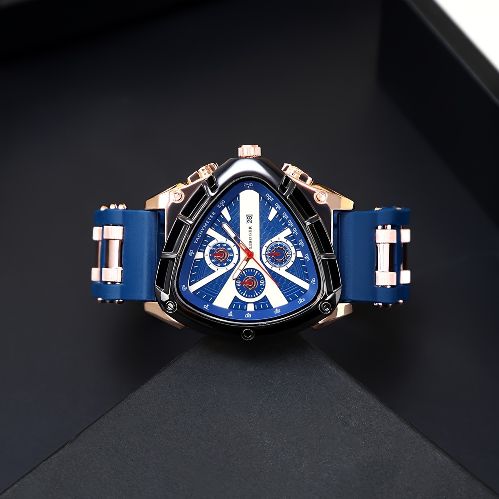 3pcs Set Men'S Quartz Watches with Silicone Strap & Date Display - Classic Triangular Dial, & Golden-Tone Case, Non-Rechargeable Battery, Casual & Sporty Wear