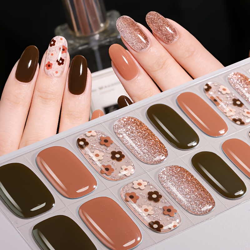 Image of 16tips Semi Cured Gel Nail Strips, Jumping Flower Gradient Glitter Self-adhesive Gel Nail Full Wraps, , Easy To Manicure, Suitable For Women's Dating/banquet/party Diy Nail Supplies Nail Stickers