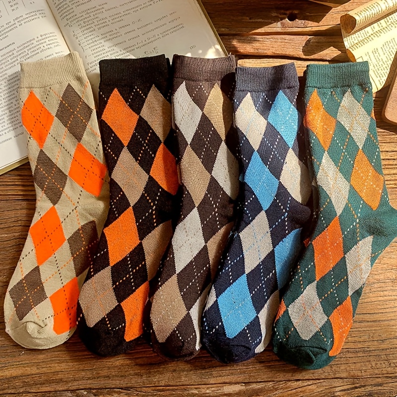 E-shop 5-Pack Damen-Mid-Calf-Socken, Rautenmuster Karo Color Block Vintage Ethno-Stil Modische Hochwertige Socken, Dünne Atmungsaktive