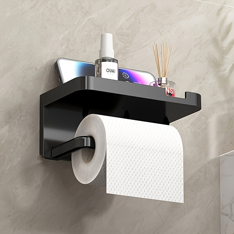 

1pc Modern Plastic Toilet Paper Holder With Phone Shelf, No-drill Wall-mounted Bathroom Organizer, Polished , Easy-install