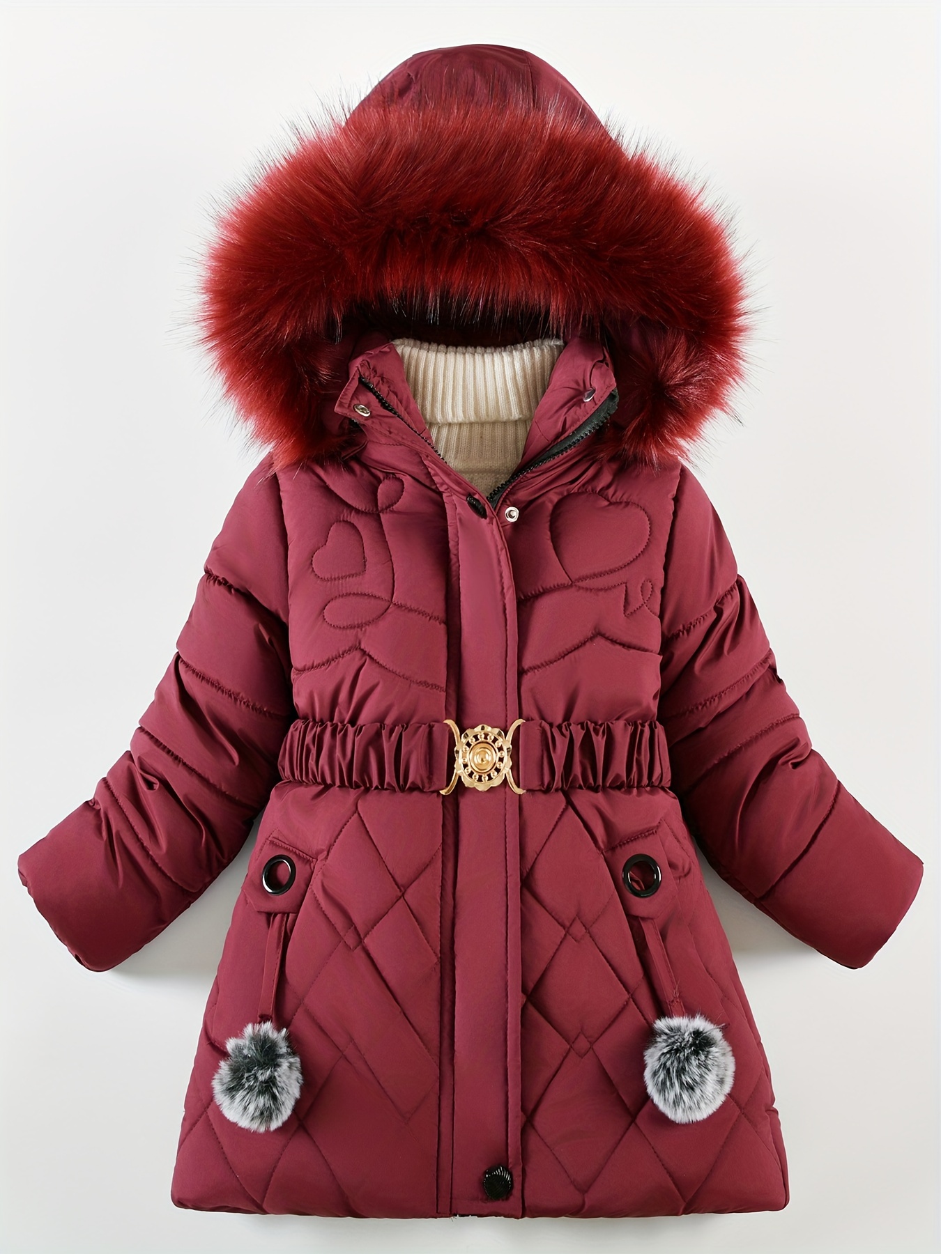 Winter Girls' -Padded Hooded Coat | Warm, Solid Color with Fur Collar, Zipper Closure, Belted Detail, Midi Length, Long Sleeves, Thick 5 Winter Girls' -Padded Hooded Coat | Warm, Solid Color with Fur Collar, Zipper Closure, Belted Detail, Midi Length, Long Sleeves, Thick - Image 5