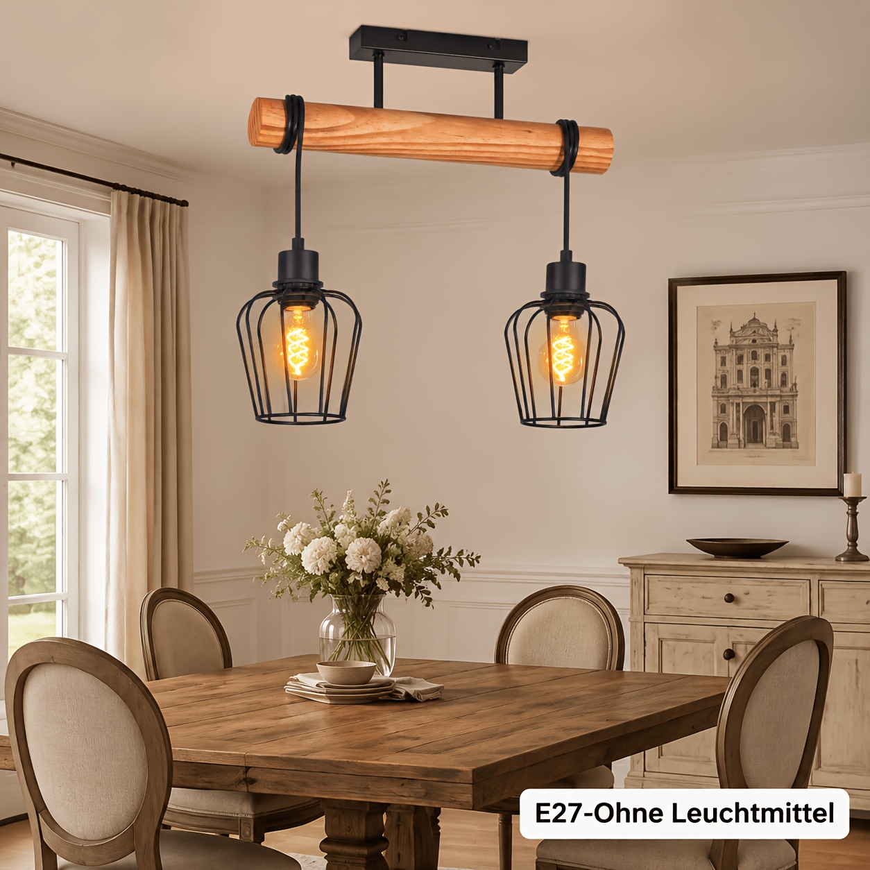 Image of Wooden Ceiling Lamp Retro Ceiling Lamp : Black Kitchen Lamp Ceiling, With 2 Lampshades Retro Lamp Made Of Golden Metal, Suitable For Room Dining Room | E27 - Without Bulbs