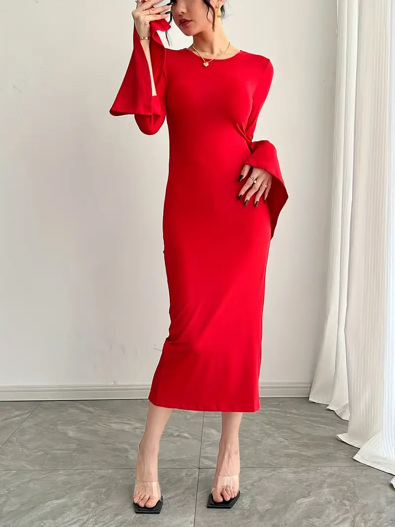 red valentines dress long sleeve Valentine Red Pleated Maxi Dress with High Slit, XS / Red