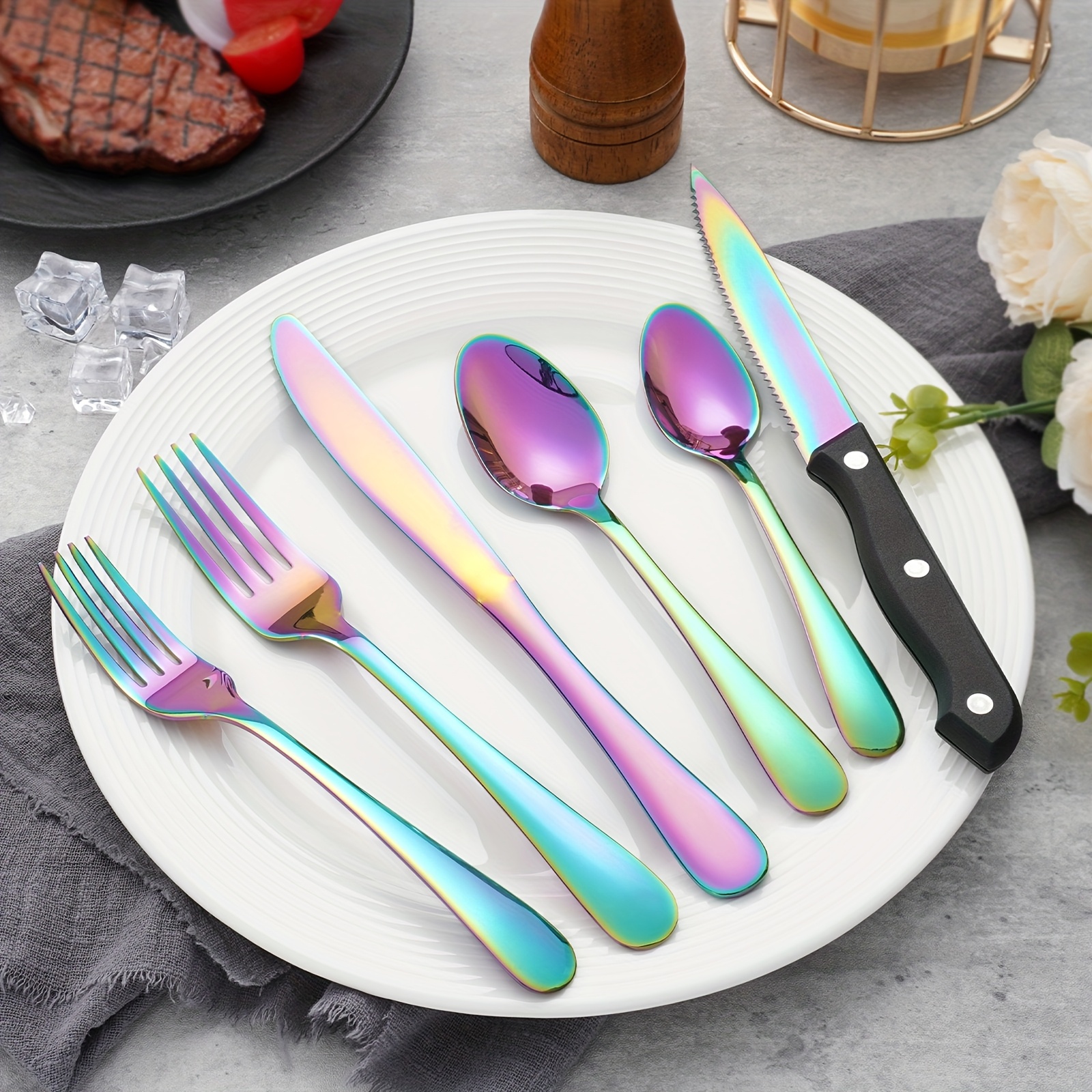 24pcs Stainless Steel Colorful Silverware Set With Steak Knife, For 4 People, Full Set Of 24pcs Tableware Set - Elegant , Suitable For Parties, Festivals, Weddings - Dishwasher Safe Rainbow