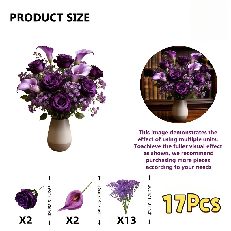 TEMU 17pcs Realistic Purple Bouquet, Purple Roses Of The Valley And 's Breath Mixed Artificial Flowers For Wedding Bouquets, Engagement Ceremonies,