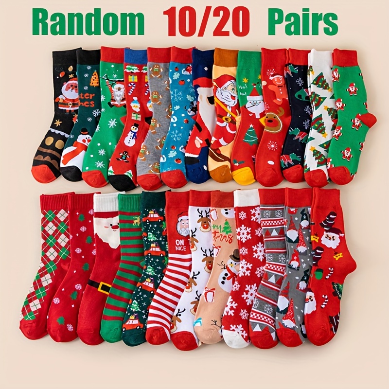 

10/20 Pairs Of Random Men's And Women's Autumn And Winter Christmas Santa Claus, Elk, Christmas Tree, And Snowman Patterns Christmas Mid-calf Socks Gifts For