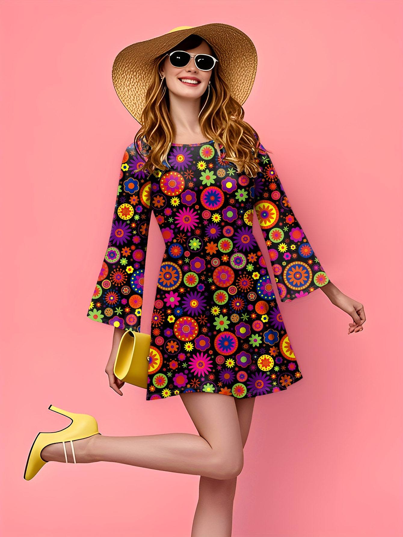 womens vintage 60s hippie dress flared sleeve party outfit - Temu