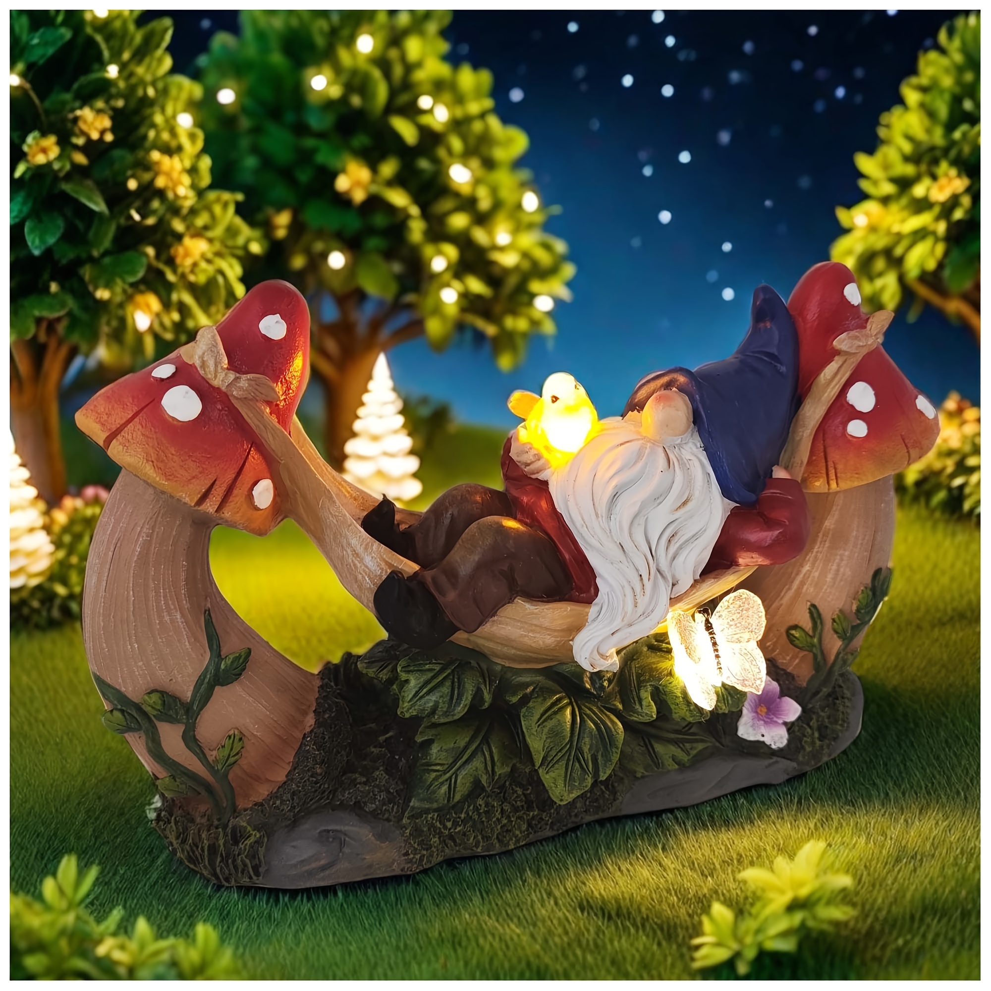 

1pc, Outdoor Garden Gnome Statue, Solar Gnomes Figurine Lying On Hammock With Bird And Mushrooms, Outdoor Garden Decoration For Patio Yard Lawn Porch, Garden Gifts For Mom/grandma