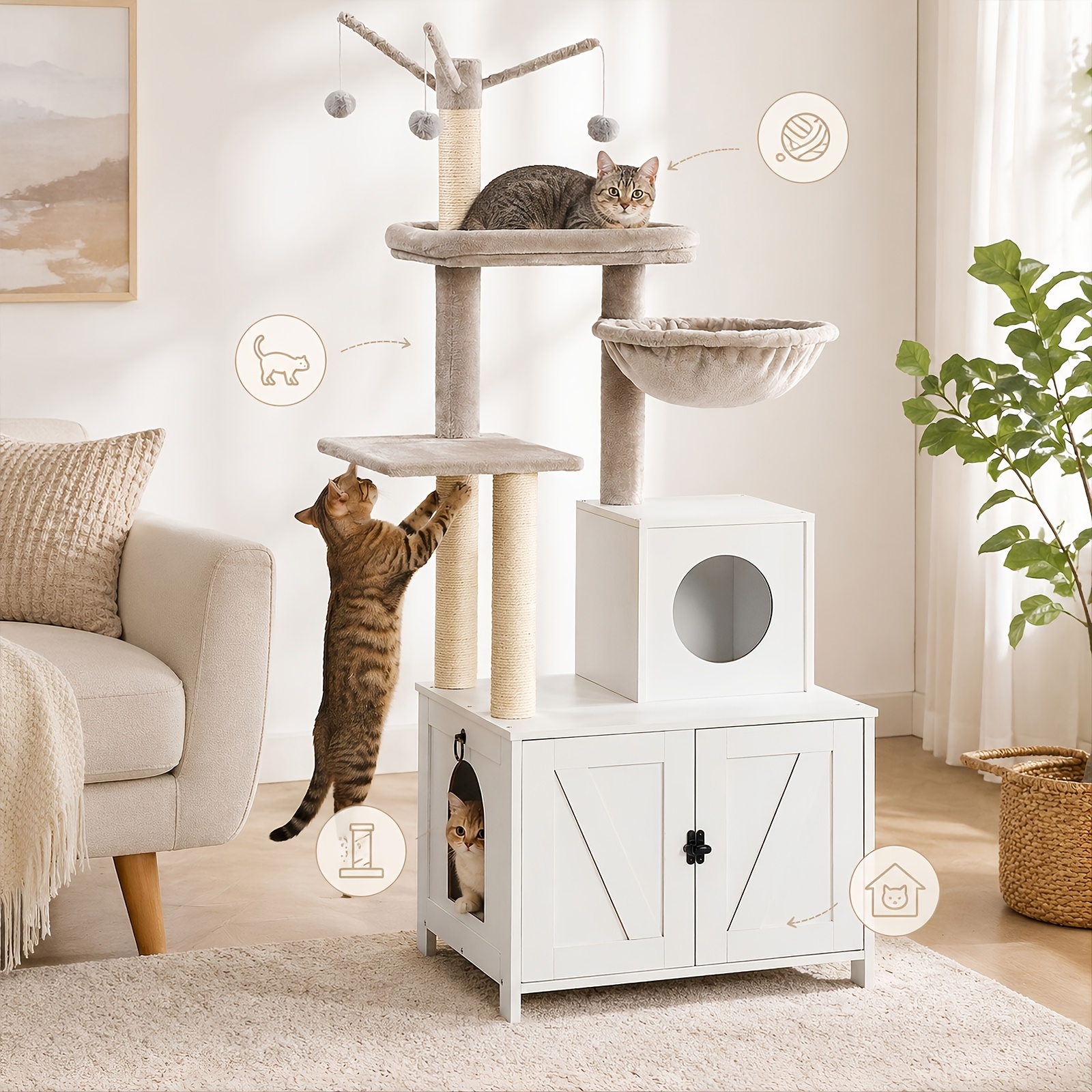 150cm -one Cat Tree, Multi-level Cat Tower With Litter Box Enclosure, Scratching Posts And Perches For Indoor Cats