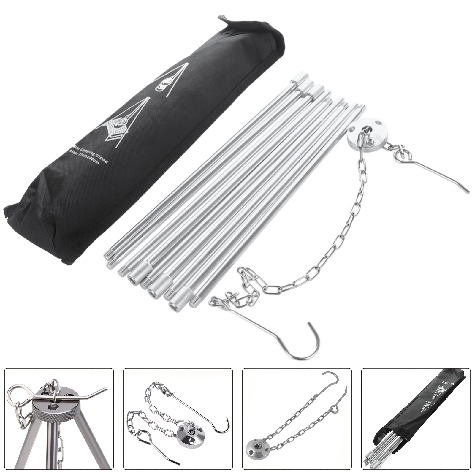 Folding Camping Tripod Hanging Pot Rack Outdoor Bonfire Picnic With Chain Hook Golden Cookware Hanging Rack, Without Battery